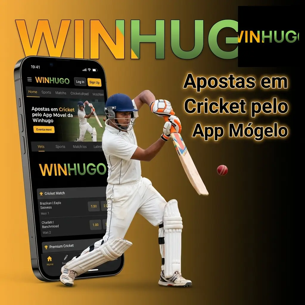 Aplicativo móvel Winhugo para apostas em cricket no Android e iOS com odds ao vivo e mercados completos