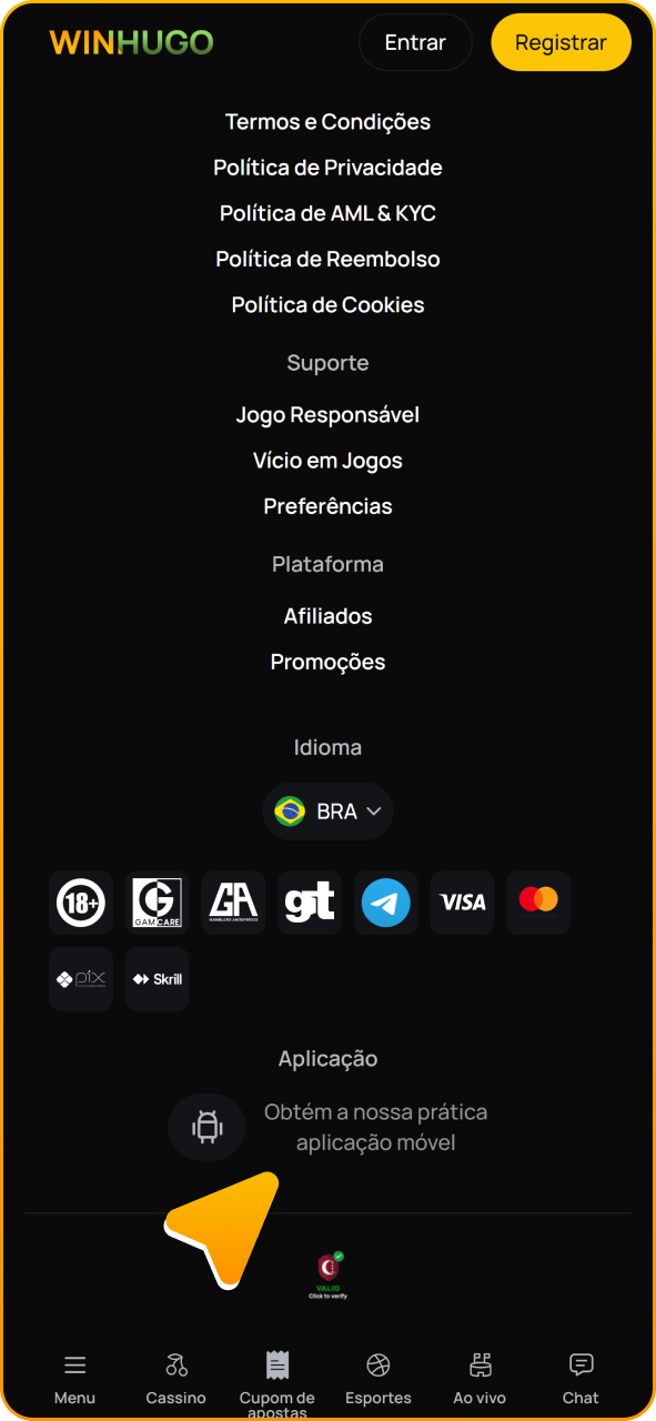 Baixe o aplicativo oficial Winhugo para Android no site.