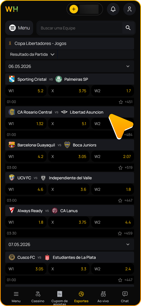 Encontre a partida esportiva em que deseja apostar no aplicativo Winhugo.