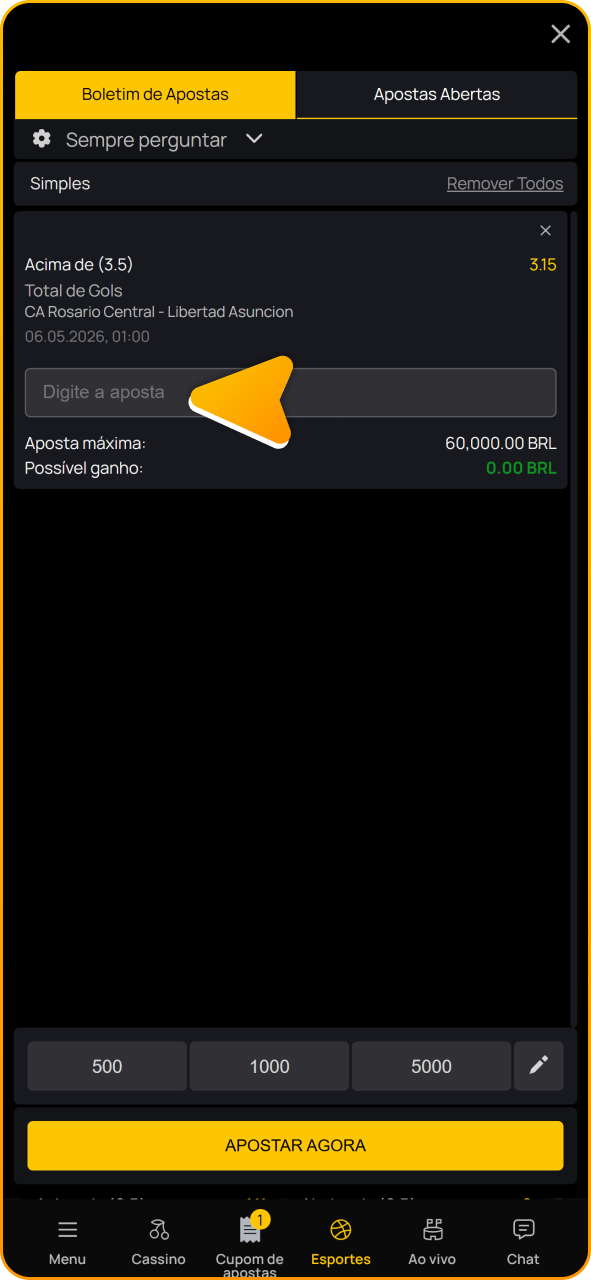Insira o valor da sua aposta para realizá-la no aplicativo Winhugo.
