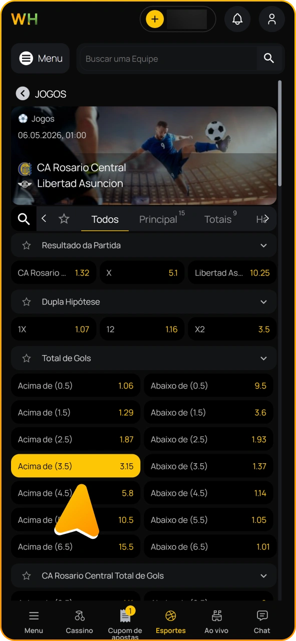 Clique no mercado para fazer sua aposta no aplicativo Winhugo.
