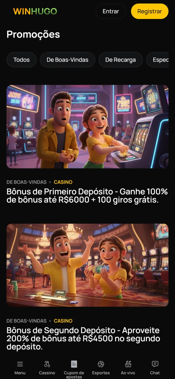 Confira os bônus mais recentes no aplicativo Winhugo.