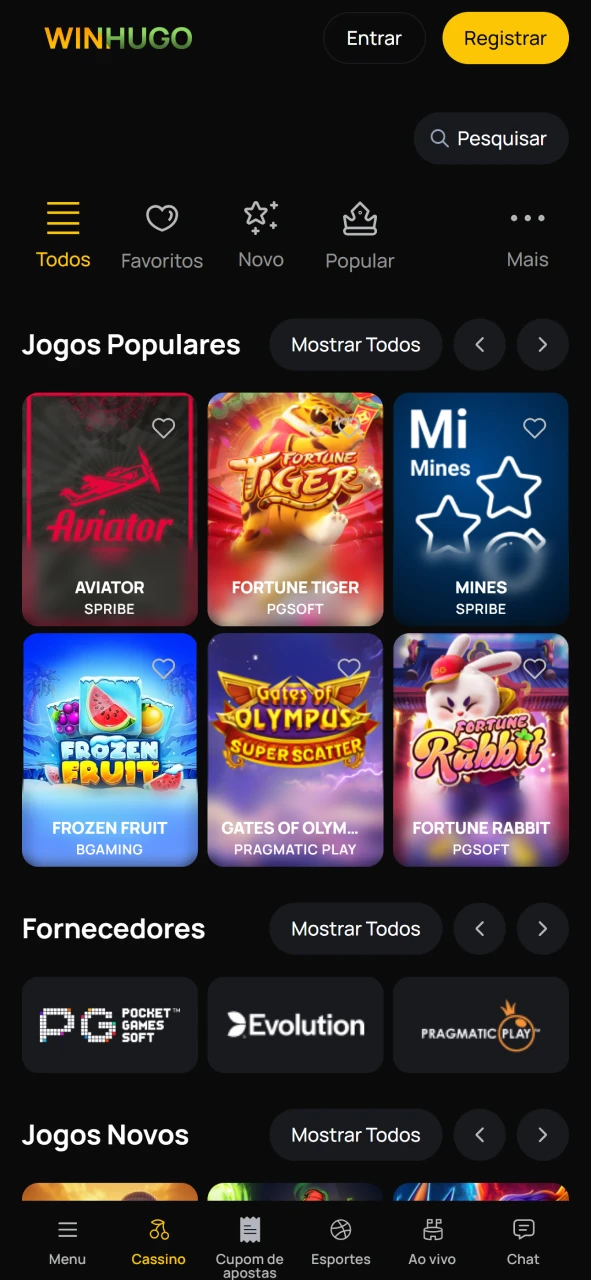 Experimente novos jogos de cassino no aplicativo Winhugo.