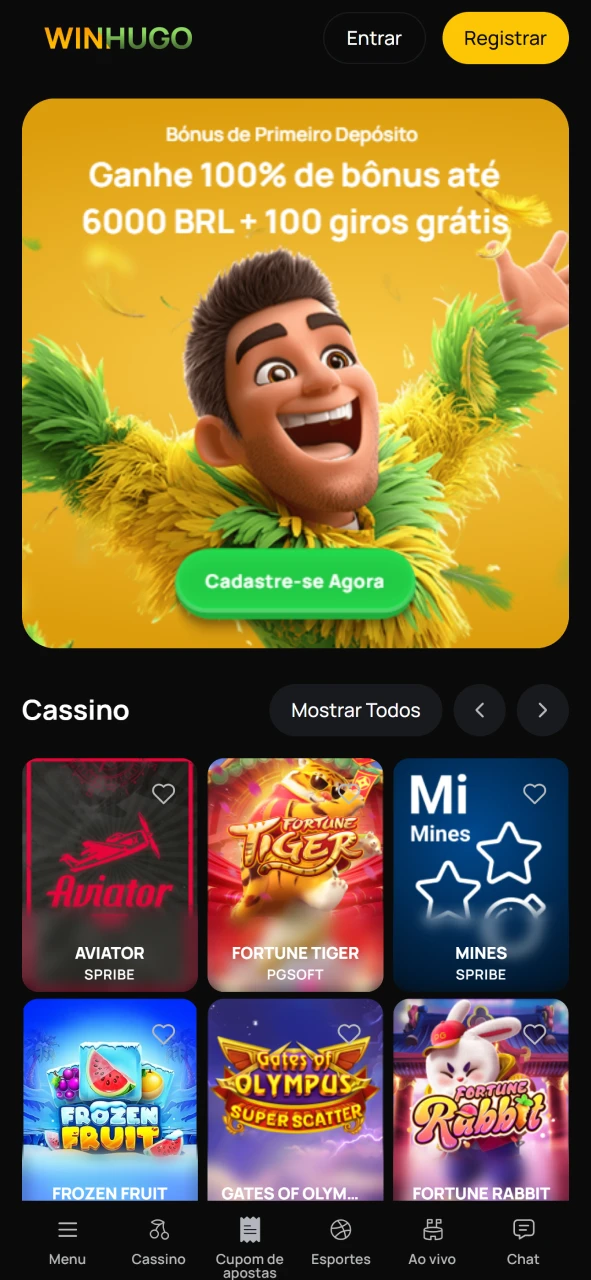 Descubra os jogos mais recentes e populares na página principal do aplicativo Winhugo.