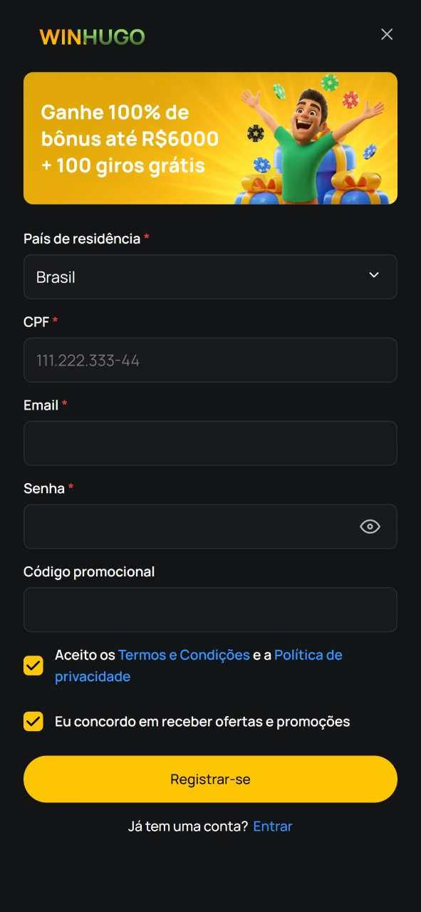 Crie sua conta rapidinho no aplicativo Winhugo.