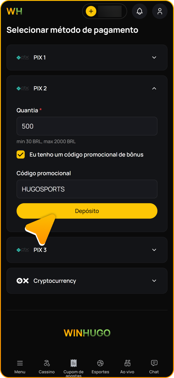 Ative o código promocional com um depósito no Winhugo.