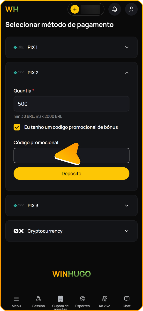 Insira o código promocional aqui no depósito da Winhugo.