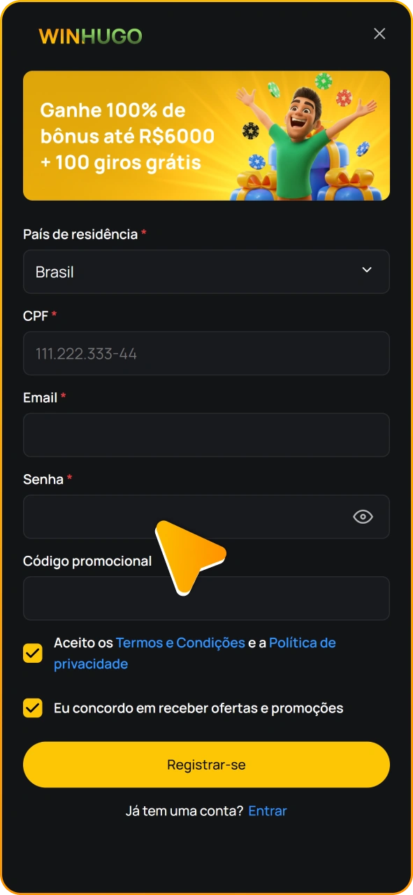 Crie uma conta para jogar no cassino ao vivo do Winhugo.