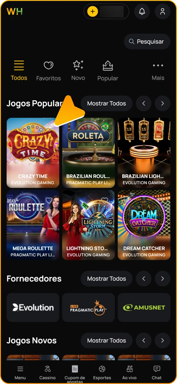 Toque no jogo de cassino ao vivo para começar a jogar no Winhugo.