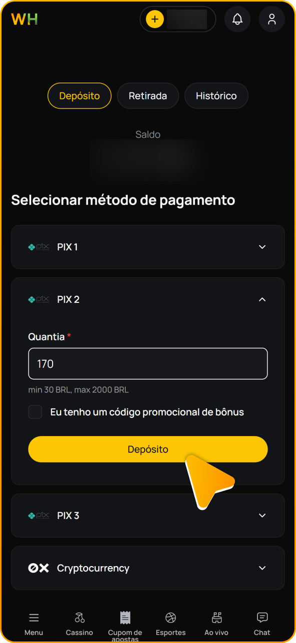 Reivindique o bônus de boas-vindas para o cassino ao vivo ao depositar no Winhugo.