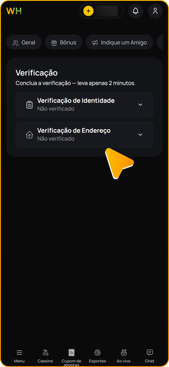 Verifique seu perfil para jogar no cassino ao vivo do Winhugo.