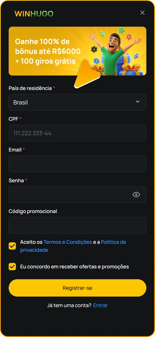 Crie uma conta na Winhugo para fazer apostas em partidas de críquete.