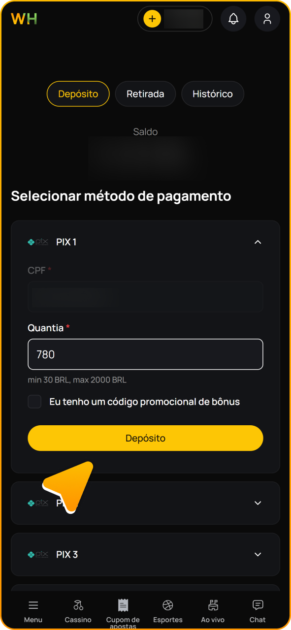 Pressione o botão de depósito para finalizar o depósito no Winhugo.