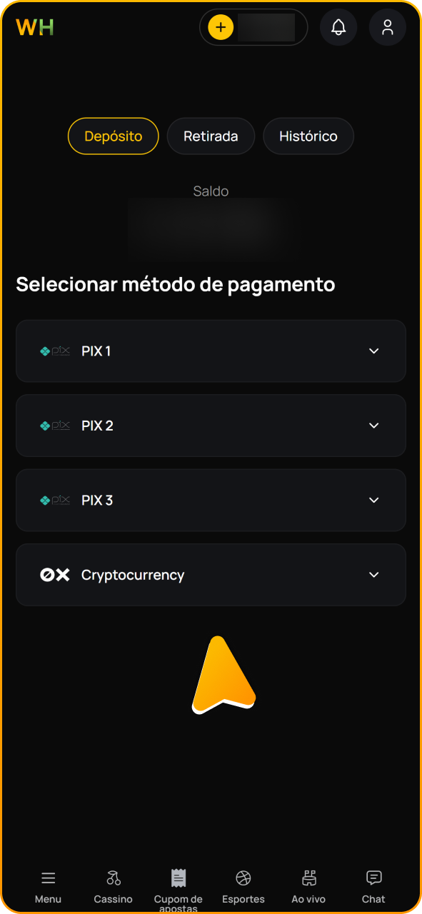 Selecione qualquer método de depósito da Winhugo.