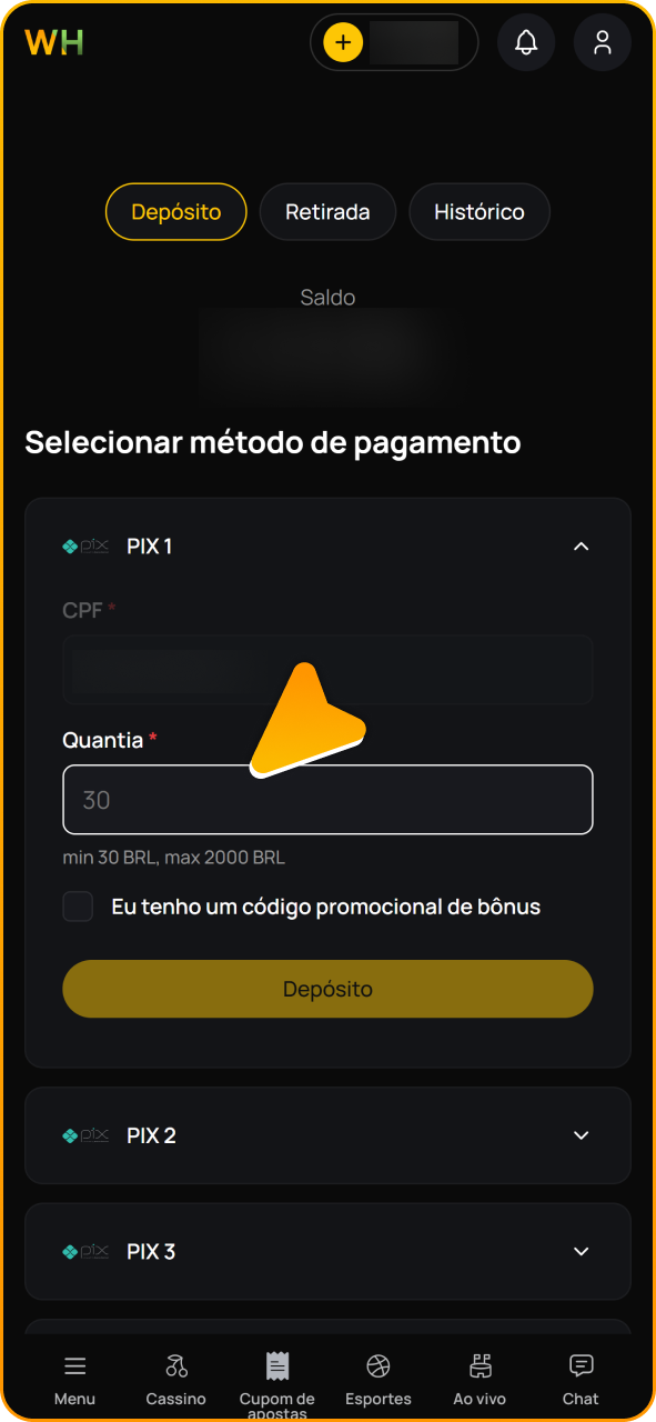 Insira o valor do seu depósito na Winhugo.