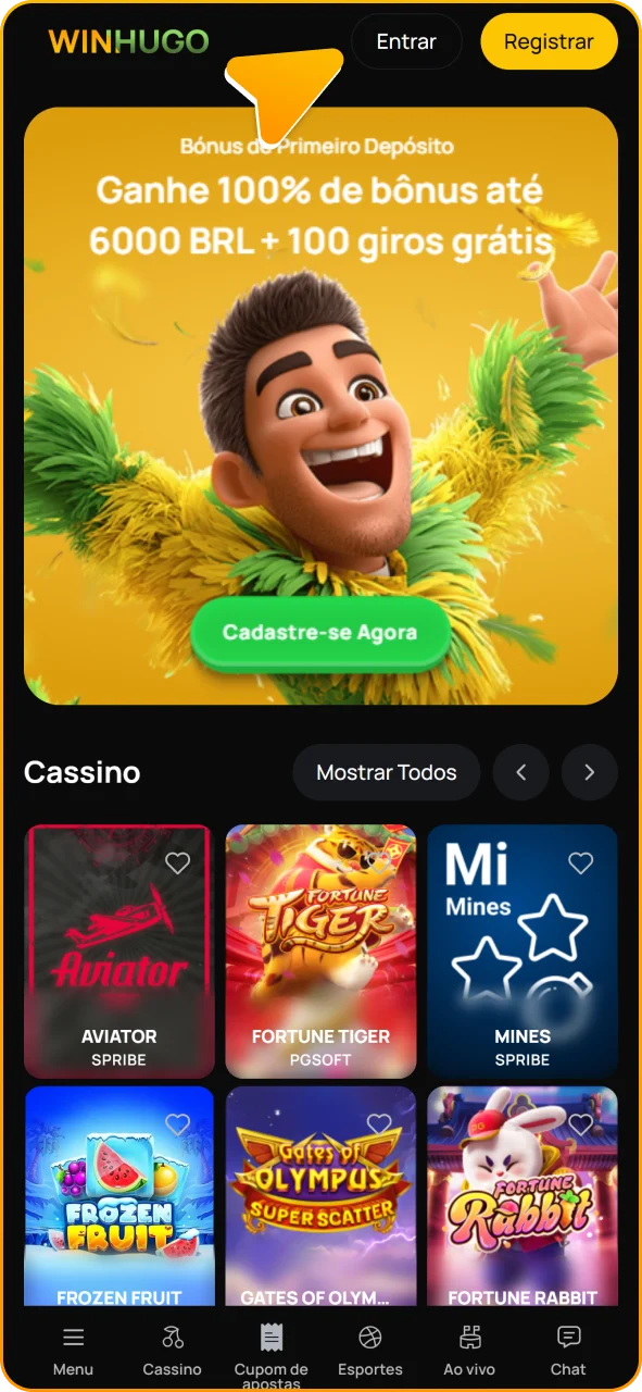 Abra o aplicativo Winhugo e encontre o botão de login.