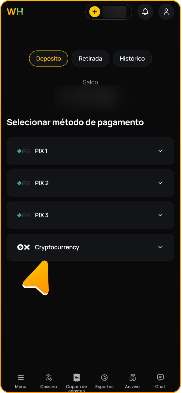 Faça um depósito para apostas em eSports no aplicativo Winhugo.