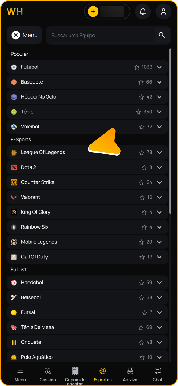 Selecione uma partida de eSports no aplicativo Winhugo.