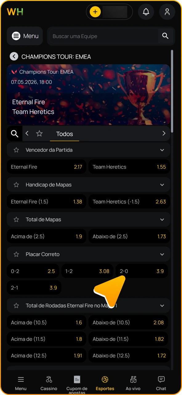 Selecione o mercado para fazer sua aposta em eSports no aplicativo Winhugo.