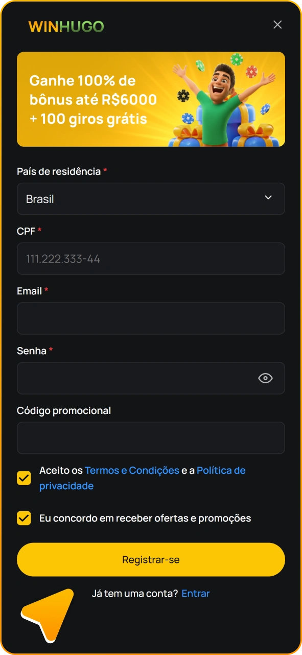 Crie uma conta para começar a apostar em futebol na Winhugo.