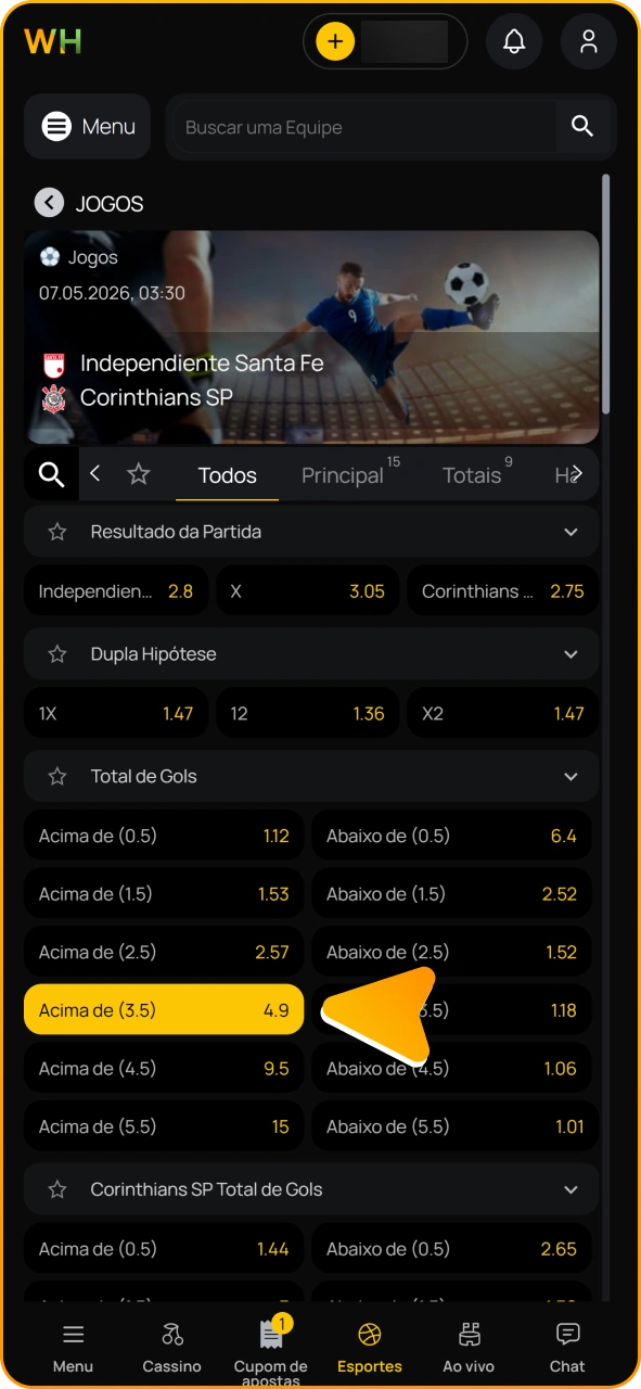 Toque na odd escolhida para apostar na Winhugo.