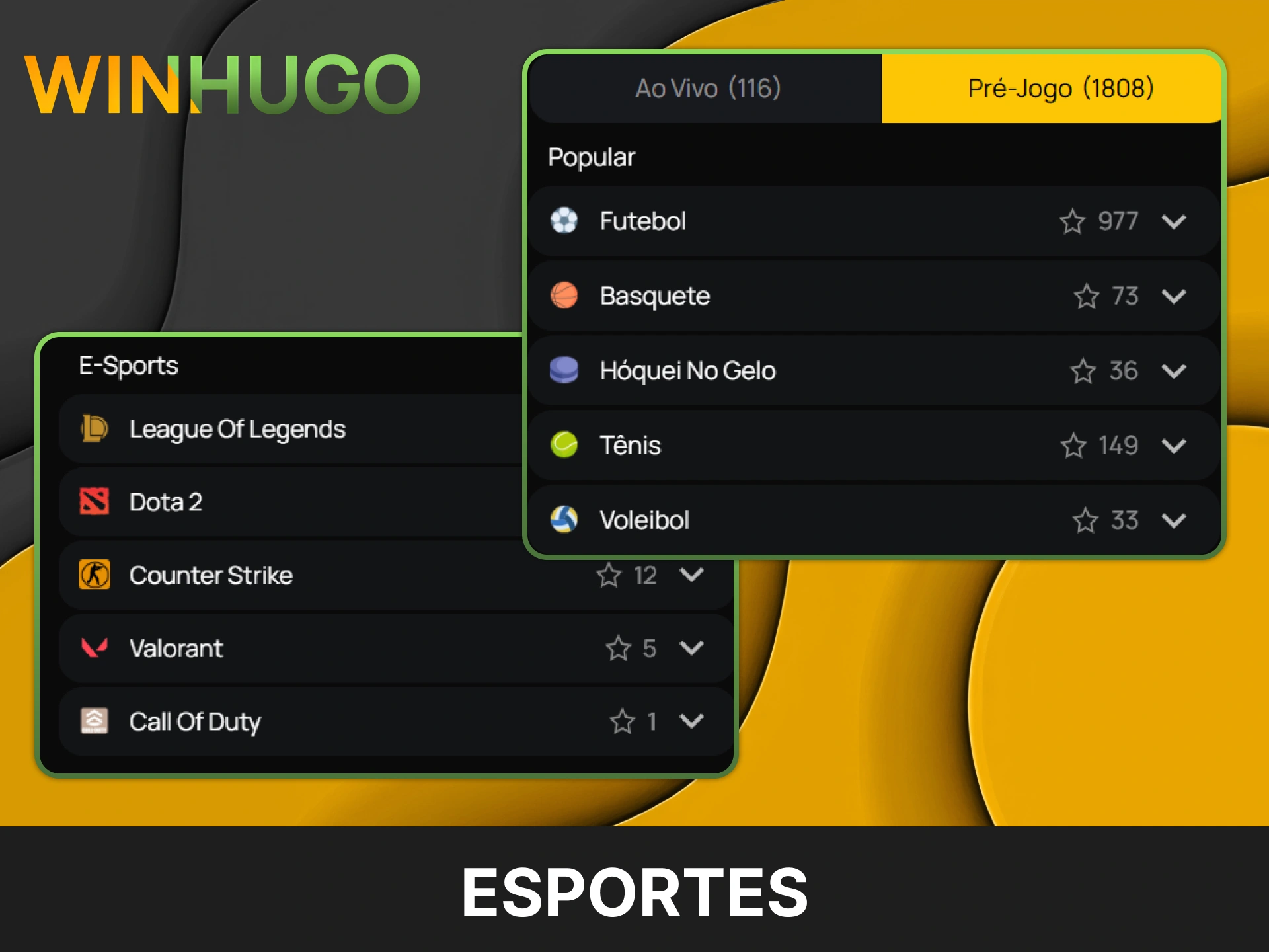 Escolha seus esportes favoritos para apostar no Sportsbook da Winhugo.