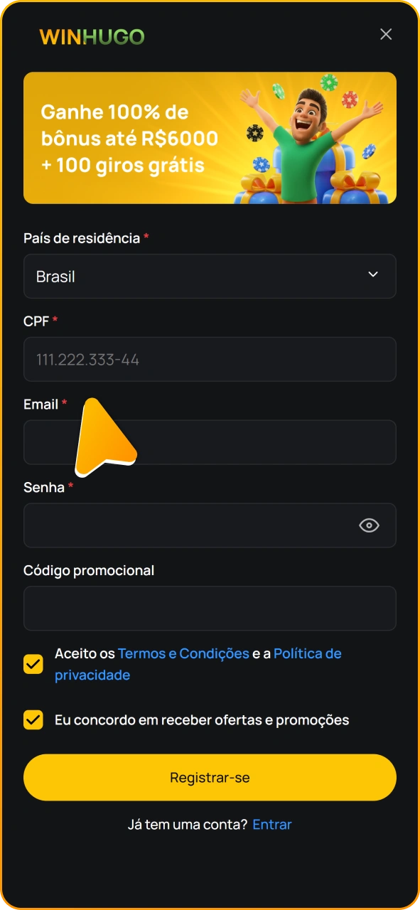 Crie uma conta Winhugo para reivindicar o bônus de boas-vindas.