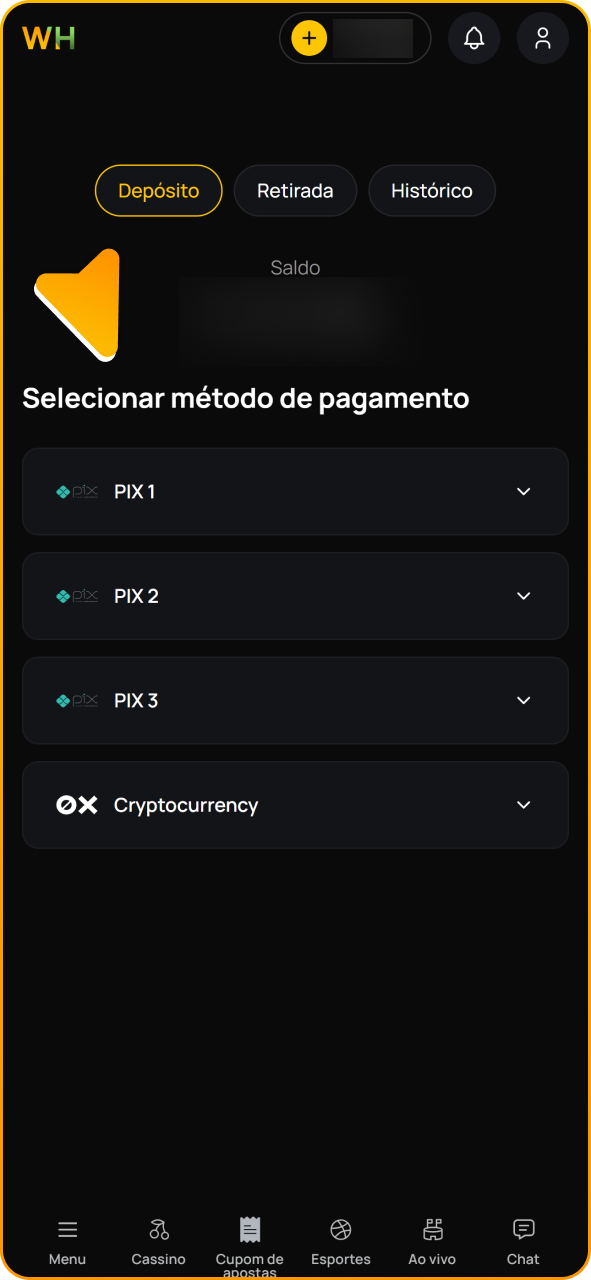 Faça um depósito no Winhugo para receber o bônus de boas-vindas.