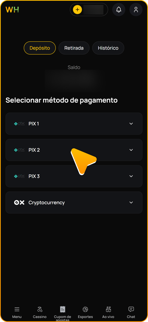 Após se cadastrar no Winhugo, faça um depósito para começar a jogar.