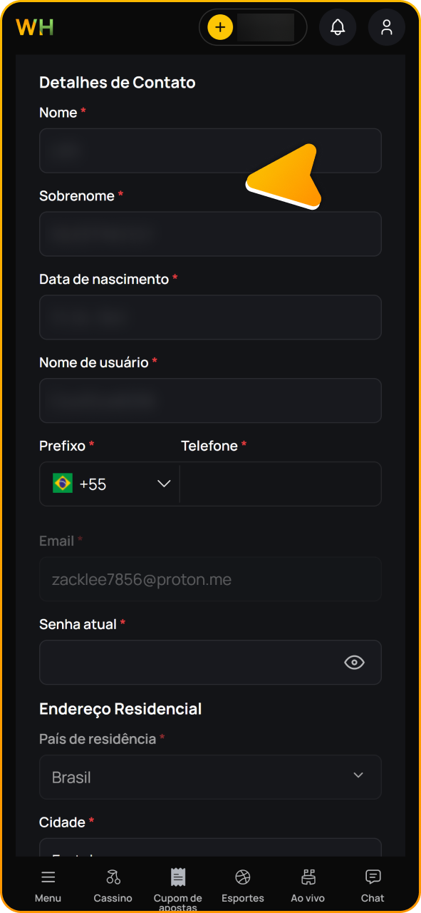 Insira seus dados pessoais após o cadastro no Winhugo.