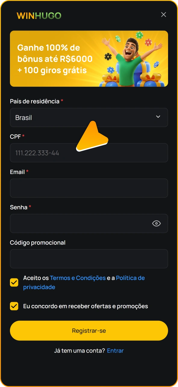 Preencha o formulário de inscrição no Winhugo.