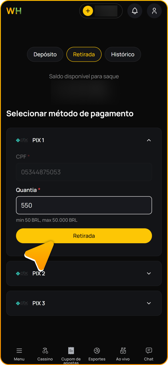 Conclua seu saque do Winhugo.