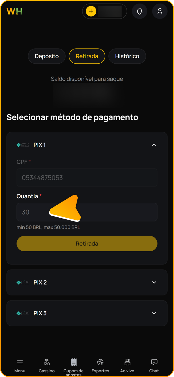Insira o valor do saque na sua conta Winhugo.