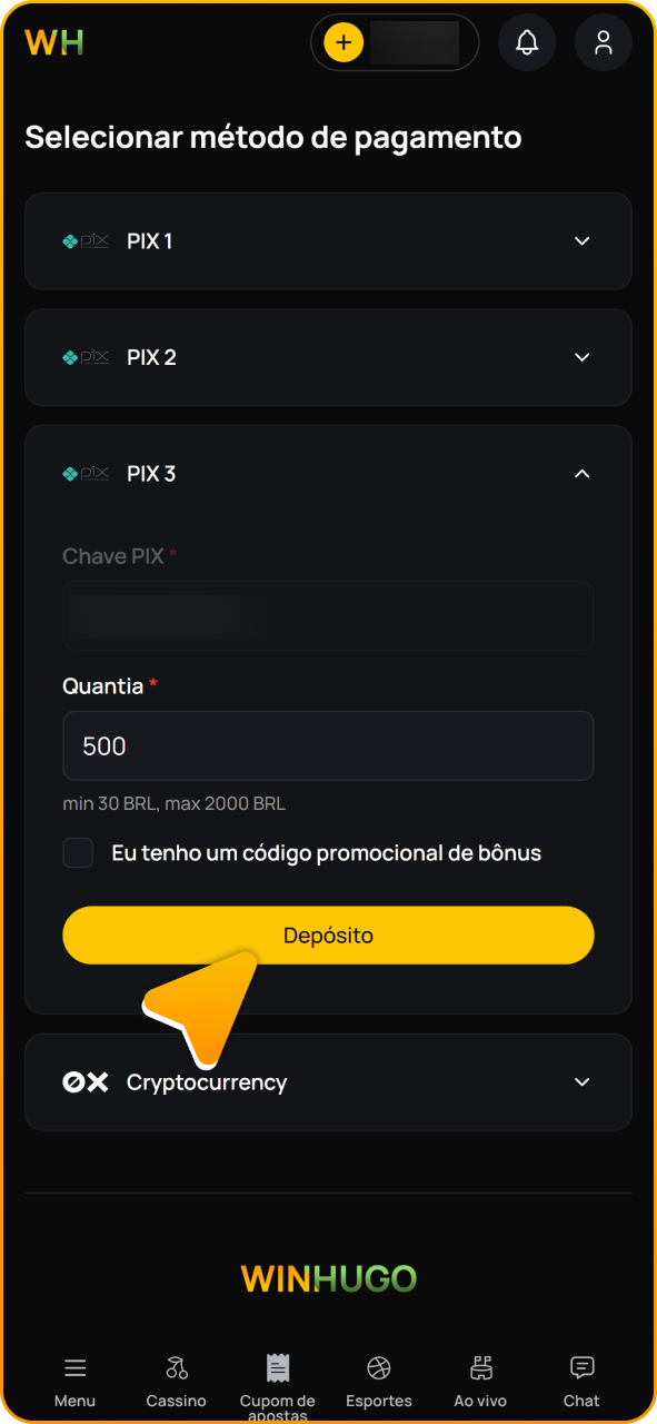Conclua o depósito para reivindicar o bônus de slots no Winhugo.
