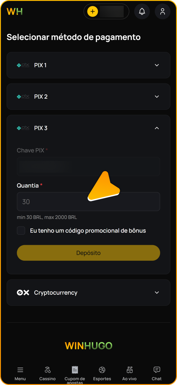 Faça um depósito para jogar caça-níqueis no Winhugo.