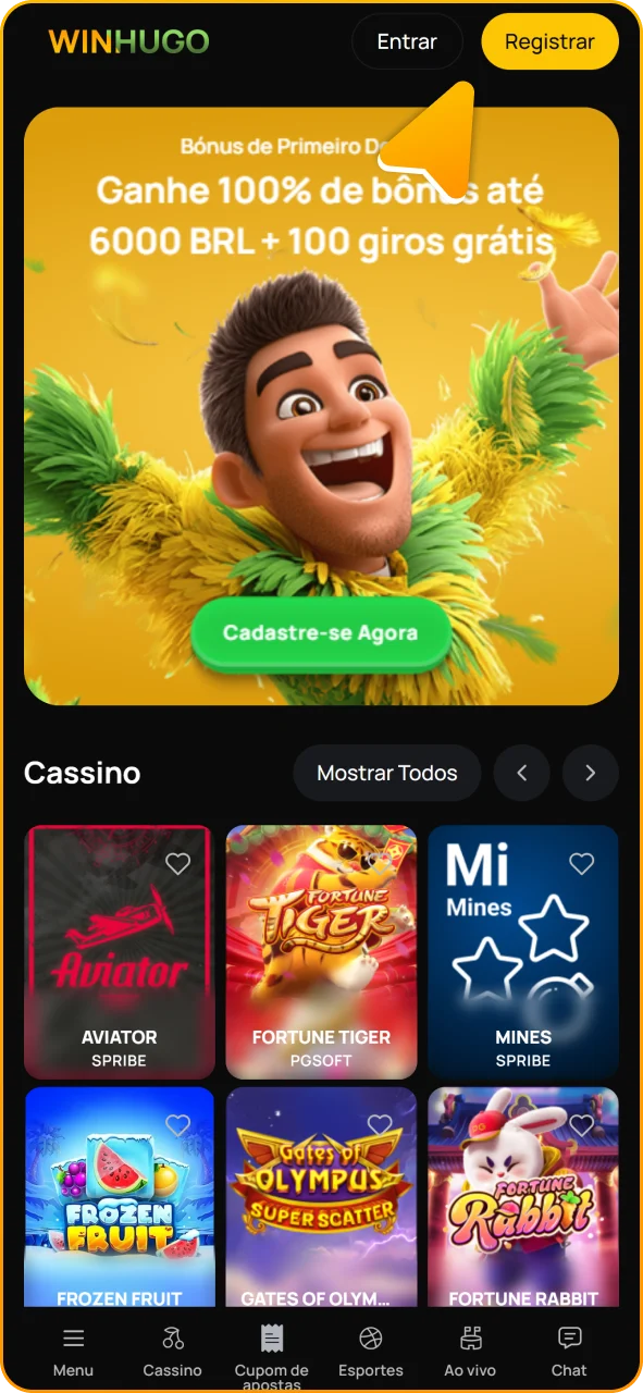 Faça login ou cadastre-se no Winhugo para jogar caça-níqueis.